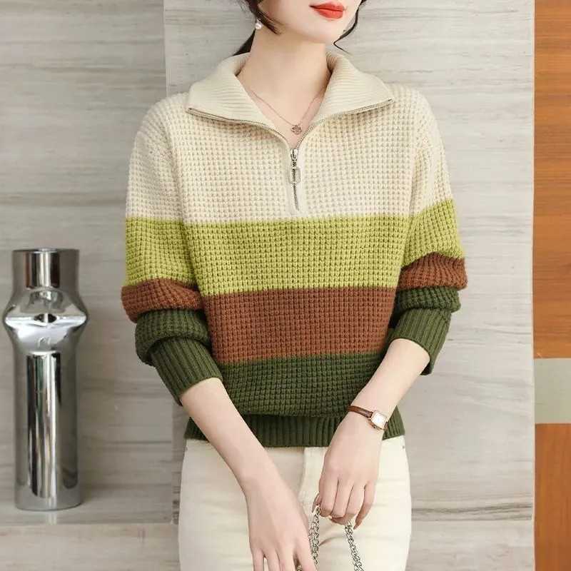 Lapel Half-Zipper Color-Blocking Striped เสื้อกันหนาวผู้หญิงฤดูใบไม้ผลิฤดูใบไม้ร่วงสไตล์ขี้เกียจเสื้อสวมหัวถักด้านใน
