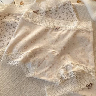 🧸M-2XL🧸กางเกงชั้นในผู้หญิง กางเกงชั้นในผ้าฝ้ายแท้ แต่งขอบลูกไม้ พิมพ์ลาย สไตล์น่ารัก เป้าผ้าฝ้ายแท้ สไตล์บาง สวมใส่สบาย