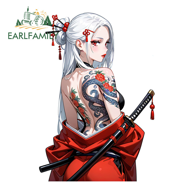 EARLFAMILY Cheongsam Samurai หญิงรถสติกเกอร์บุคลิกภาพรถจักรยานยนต์สเก็ตบอร์ด Windows Occlusion Scratch 3D Decal กันน้ําป้ายรถ