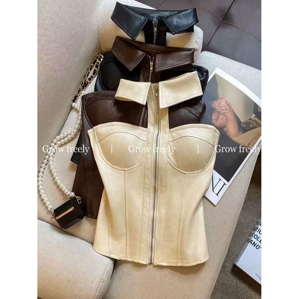 Pure Desire สาวร้อนเซ็กซี่ PU หนัง Halter คอด้านบนเสื้อกั๊ก 2025 ฤดูใบไม้ร่วงฤดูหนาวการออกแบบใหม่ Sense เอว-Cinching Camisole Top สําหรับผู้หญิง