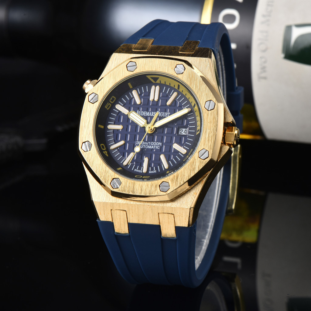 AP ใหม่ Mans ธุรกิจนาฬิกาแฟชั่น Golden Dial Full Function Quarz Chronograph Luminous นาฬิกาข้อมือสายซิลิโคน