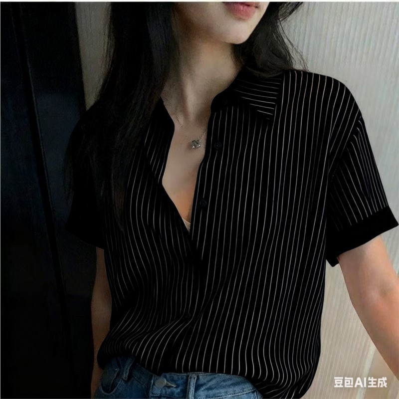 เสื้อเชิ้ตมินิมอลสีดำพิมพ์ลายเต็มสำหรับผู้หญิง แบบลำลองแขนสั้น