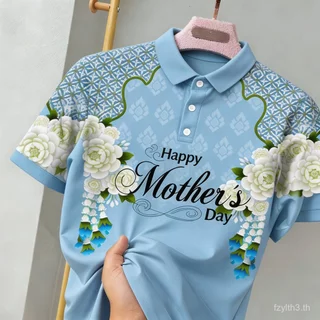 เสื้อโปโลพิมพ์ลายดอกไม้สีฟ้าสําหรับผู้หญิงที่สวยงามและง่ายต่อการสวมใส่ของขวัญวันแม่สีฟ้าดอกไม้พิมพ์คอลเลกชัน
