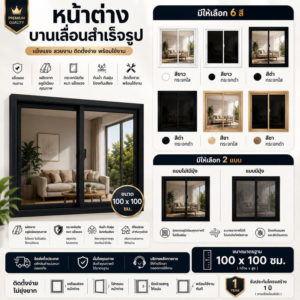 【กระจกเทมเปอร์】 🏠Jibbyhome🏠หน้าต่างบานเลื่อนสำเร็จรูป ขนาด 100x100ซม. หน้าต่างอลูมิเนียม มีหลายสี