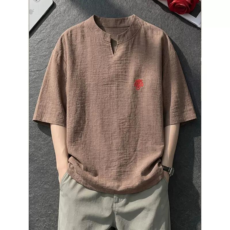 老钱风亚麻刺绣v领短袖t恤男夏季休闲薄款透气新中式宽松半袖上衣20260630 Old Money Style Linen Embroidered V-Neck Short Sleeve T-Shirt for Men, Summer Casual Thin Breathable New Chinese Style Loose Fit Top 20260630