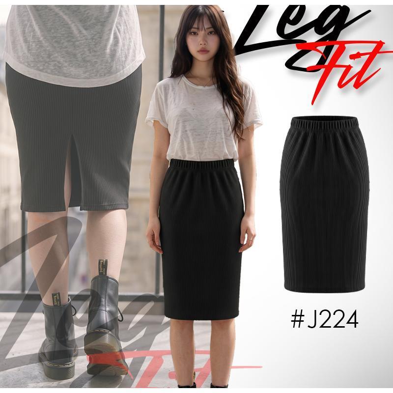 กระโปรงทรงตรงยาวปานกลางเอวยางยืด (Casual Ribbed Midi Skirt) คัตติ้งผ่าหลังเดินง่ายลุคสไตลิชดูแพง #J224