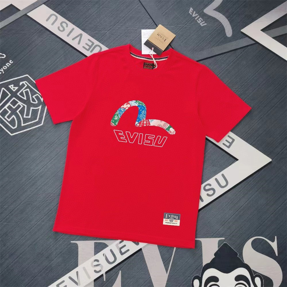 EVISU/God of Fortune 2026 ขนาดใหญ่ 6XL Star รอบคอแขนสั้นเสื้อยืดคู่สไตล์ผู้ชายพิมพ์ตัวอักษรชื่อร่วม 