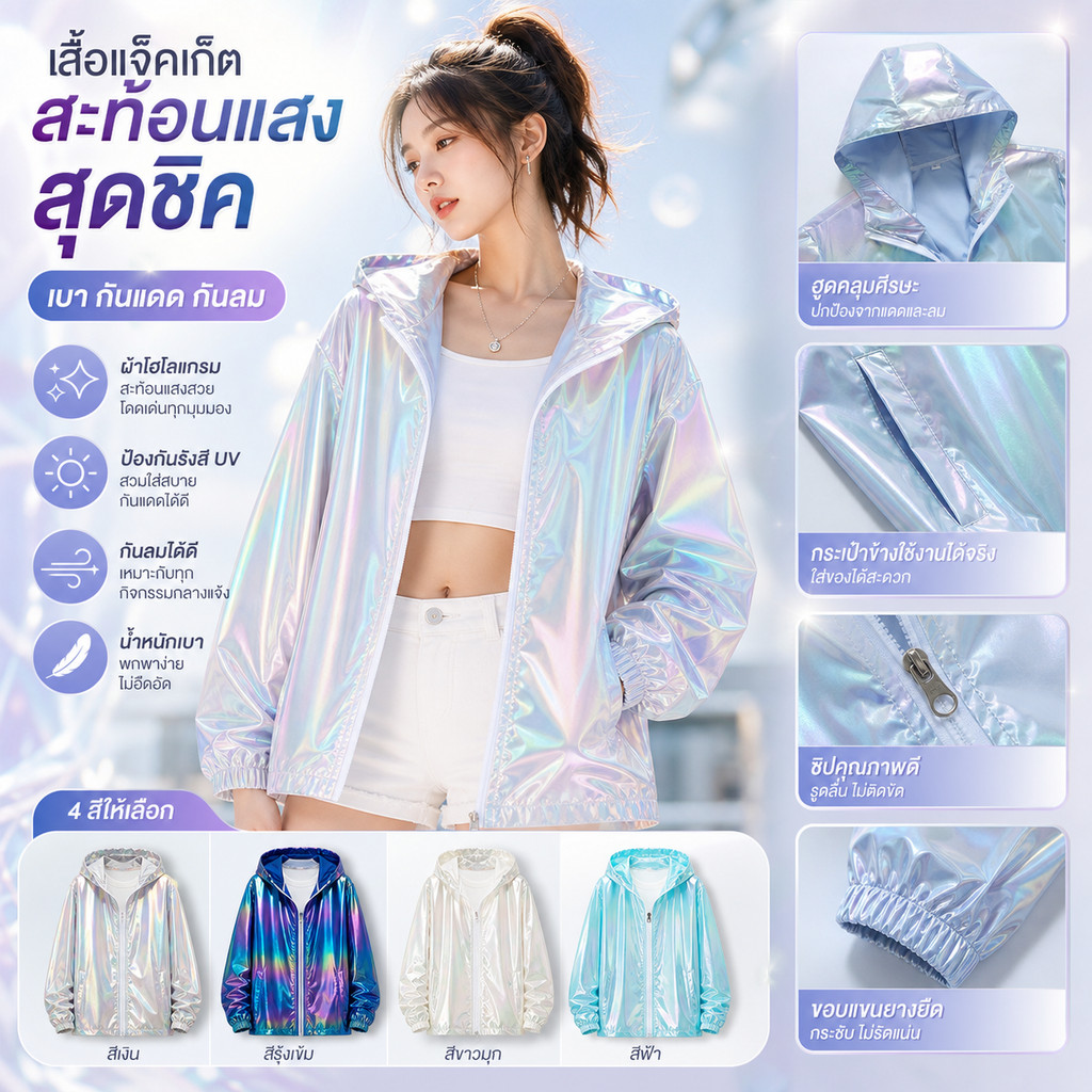 【ส่งไวจากไทย】เสื้อกันลมมีฮู้ดแบบสะท้อนแสงไล่ระดับสีโฮโลแกรม น้ำหนักเบา ขนาดบวก เสื้อแจ็คเก็ตกันแดดพร้อมข้อมือยางยืด