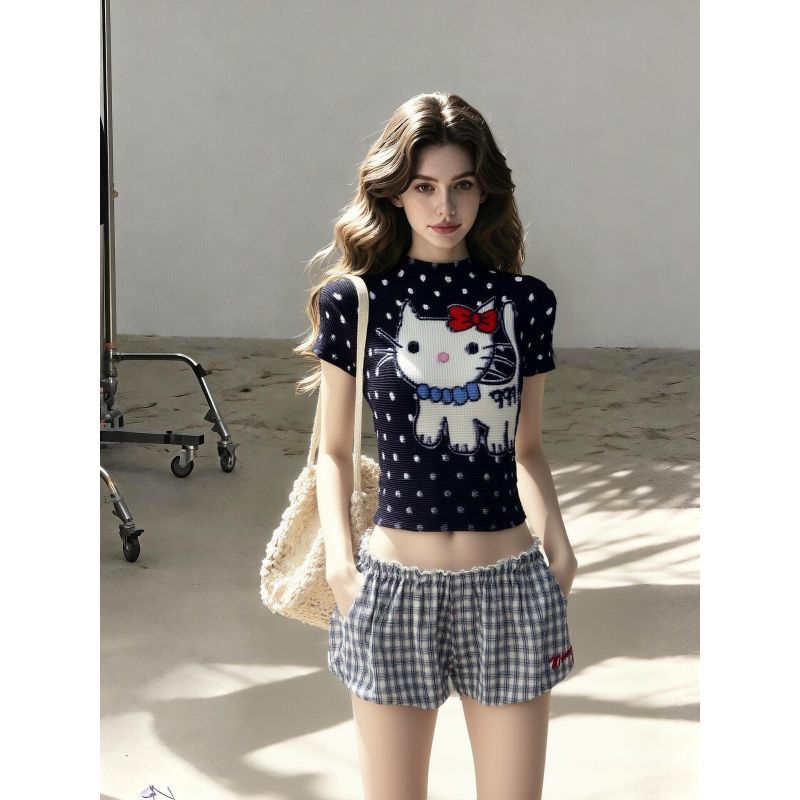 [สินค้าใหม่] อเมริกันสาวร้อนลูกแมวพิมพ์ครึ่งคอสูงแขนสั้นเสื้อยืดผู้หญิงฤดูร้อนSlim-fit Slimmerดูจีบเสื้อด้านบนAll-Match