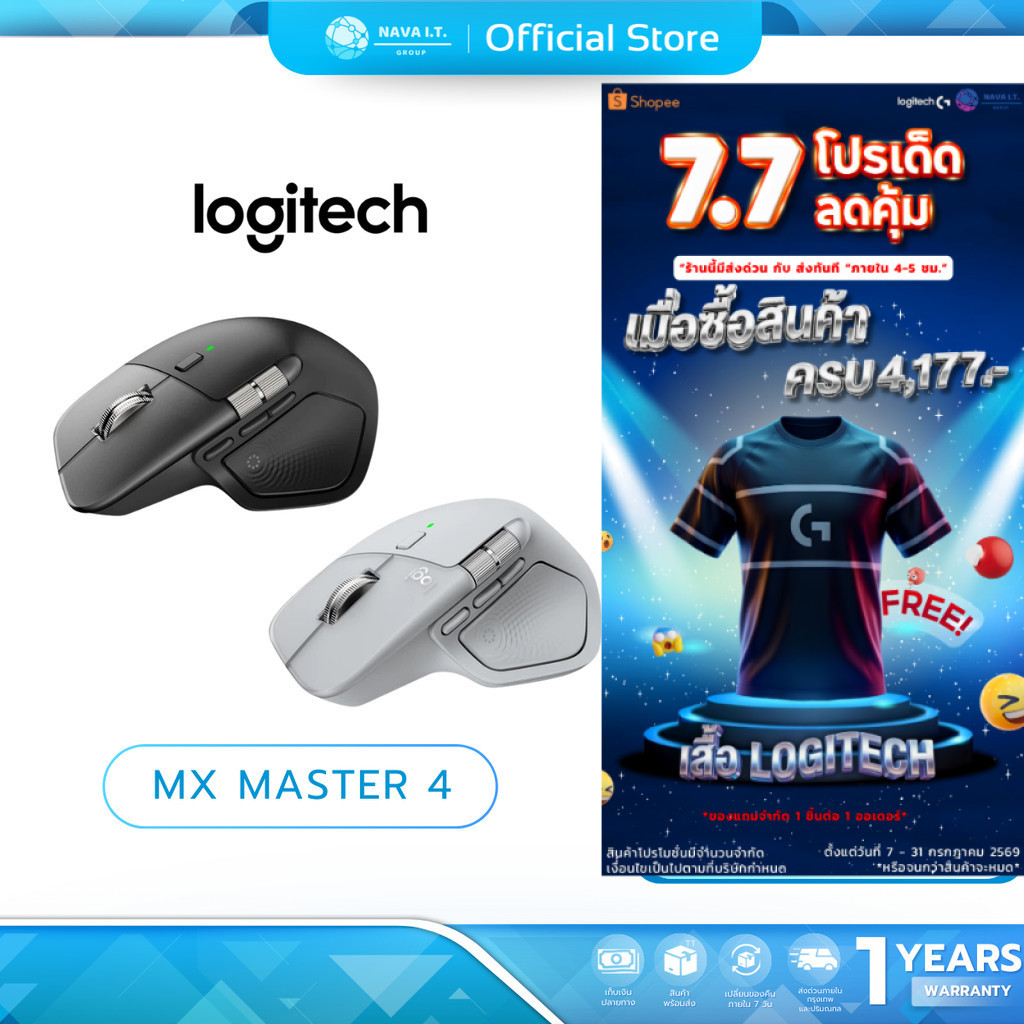 (มีส่งด่วน) Logitech MX Master 4 Wireless Mouse Graphite, Pale Gray เมาส์บลูทูธไร้สาย ออกแบบให้เหมาะกับสรีระ USB C
