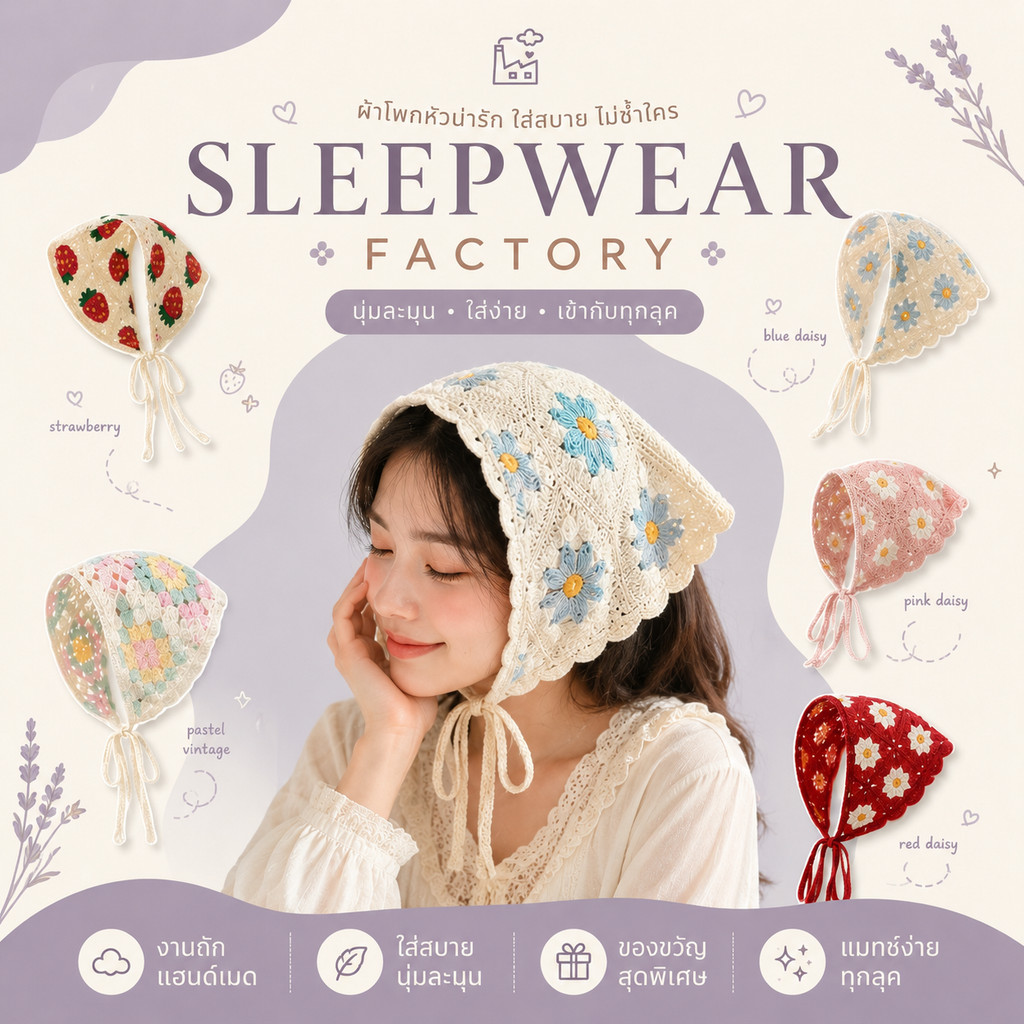 SLEEPWEAR FACTORY ที่คาดผมโครเชต์ถัก ผ้าโพกหัว ดีไซน์แบบถัก งานแฮนด์เมด ลายดอกไม้ W254