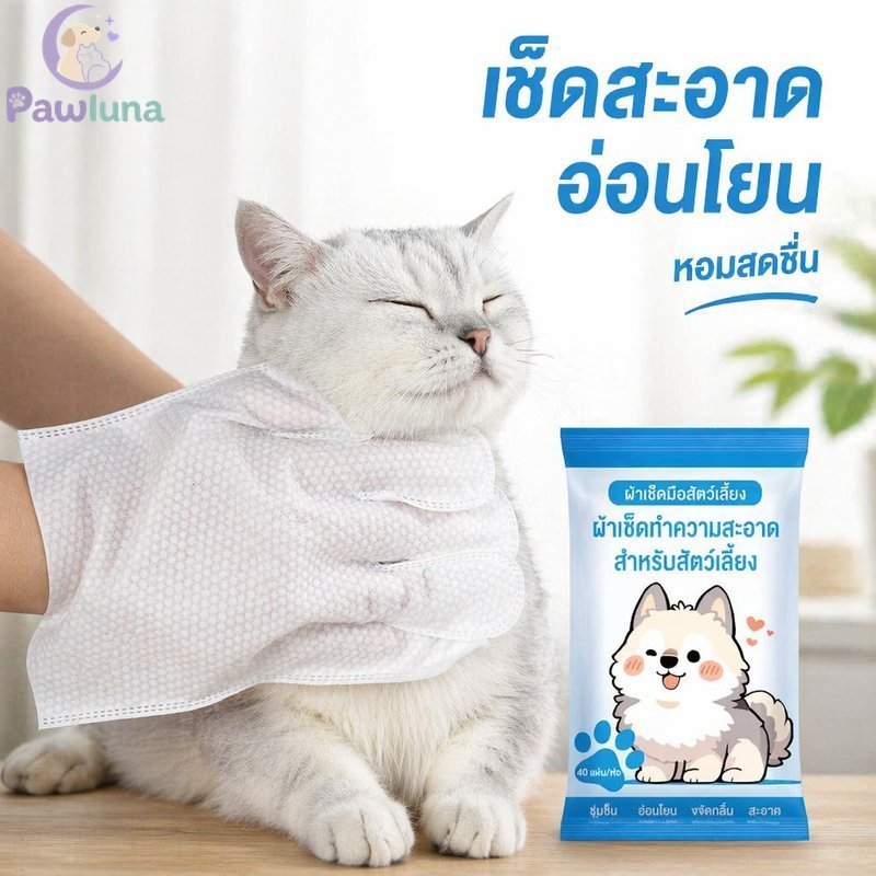 ถุงมือทําความสะอาดสัตว์เลี้ยง ผ้าเช็ดทําความสะอาดเปียกแบบไม่มีน้ํา 40 ชิ้นอ่อนโยนกําจัดกลิ่นแบบพกพาแมวสุนัขกรูมมิ่ง