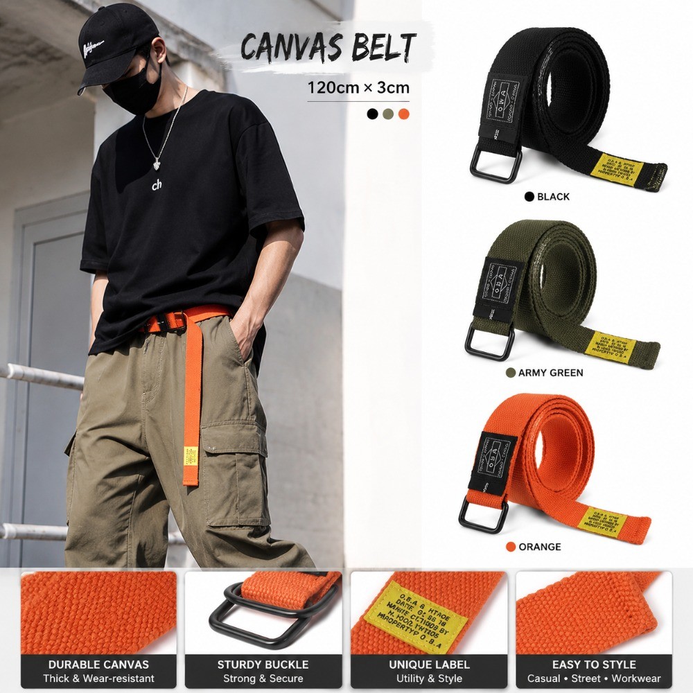 (จัดส่งในพื้นที่) เข็มขัดผ้าใบเรียบง่าย Unisex Retro Hip Hop Workwear เข็มขัดสําหรับนักเรียนทุกวันชุด