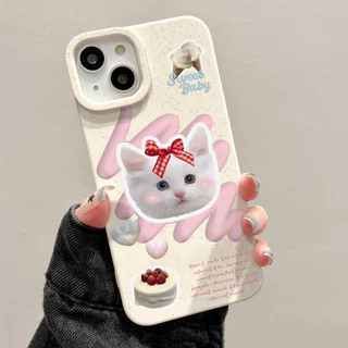 เคสไอโฟน11 For iPhone 15 13 12 16 17 14 11 PRO MAX เคส ปลอกสีขาวเป็นมิตรต่อสิ่งแวดล้อม ลูกแมวเค้กสีฟ้าสีชมพูแห่งความรัก
