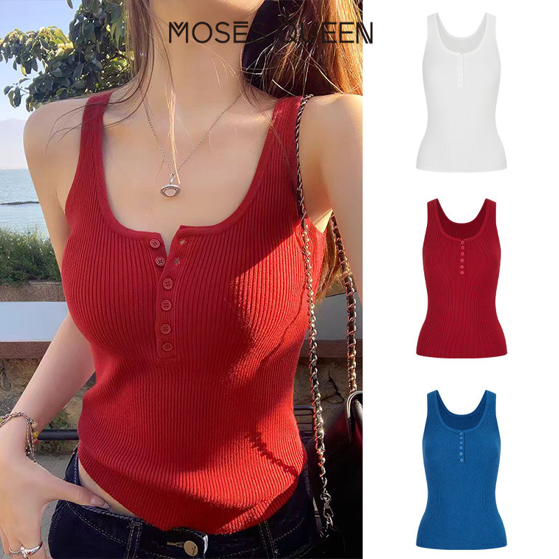 MOSESQUEEN มอสเนสควีน เสื้อกล้ามทรงตัวอักษรถักดีไซน์นอกและชั้นด้านในฐานด้านบนด้วยชุดเดรสสั้นแขนกุด #69049