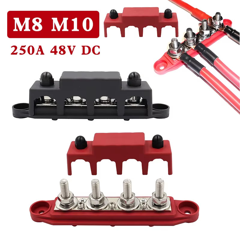 บัสบาร์แบตเตอรี่ 12V-48V 250A ขั้วต่อบวกลบ M8/M10 สำหรับรถ RV เรือ รถบรรทุก 2 ชิ้น