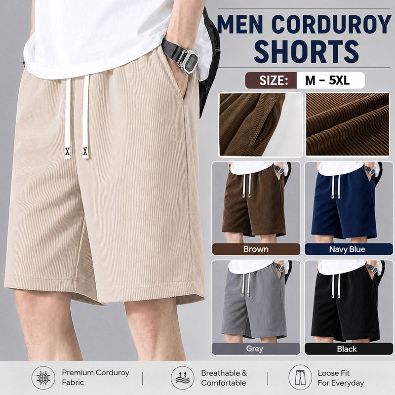 ผู้ชาย Corduroy กางเกงสั้นชายหาดฤดูร้อนกางเกงสั้นเอวยืดหยุ่นกางเกงสั้นผู้ชายสบายๆ หายใจ 5 สี