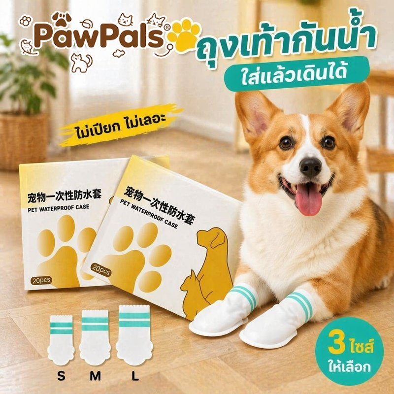 ถุงเท้าสุนัขใช้แล้วทิ้ง กันน้ํา กันลื่น รองเท้าสัตว์เลี้ยง ปลอกเท้าหมา การ์ตูน ไซส์ S M L 20 ชิ้น