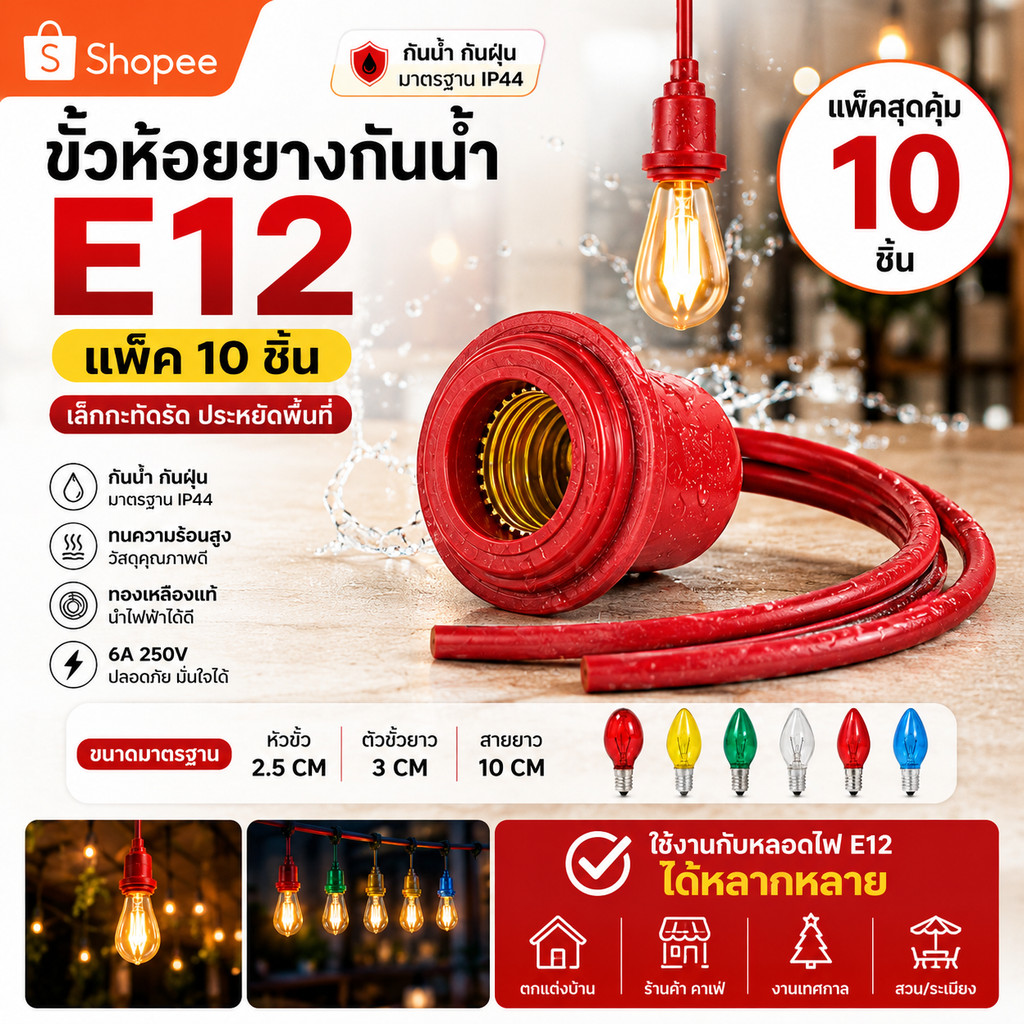(แพ็ค 10 ชิ้น) ขั้วห้อย ยาง กันน้ำ เกลียว E12 สาย 10CM หลอดศาลเจ้า 6A 250V สำหรับประกอบหลอดไฟ  เพื่อตกแต่ง สถานที่ต่างๆ