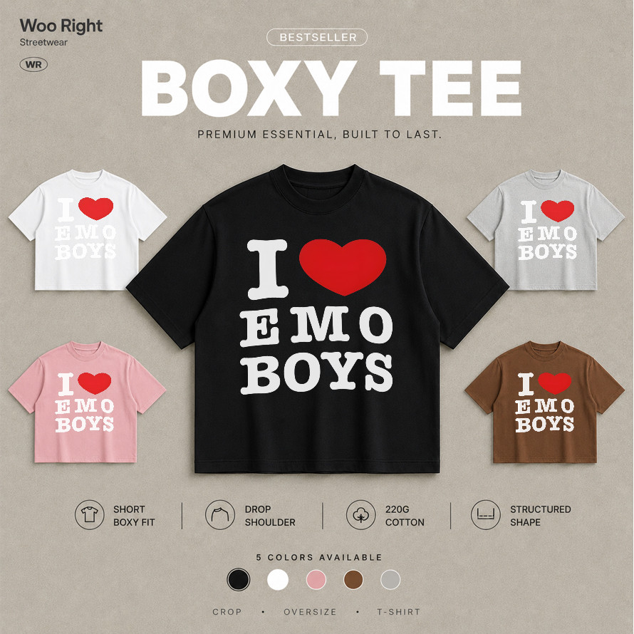 COD จัดส่งตลอด 24 ชั่วโมง Boxy Cropped T-Shirt เสื้อยืด oversizeเสื้อยืดผู้ชาย I ❤️ EMO BOYS เสื้อผ้