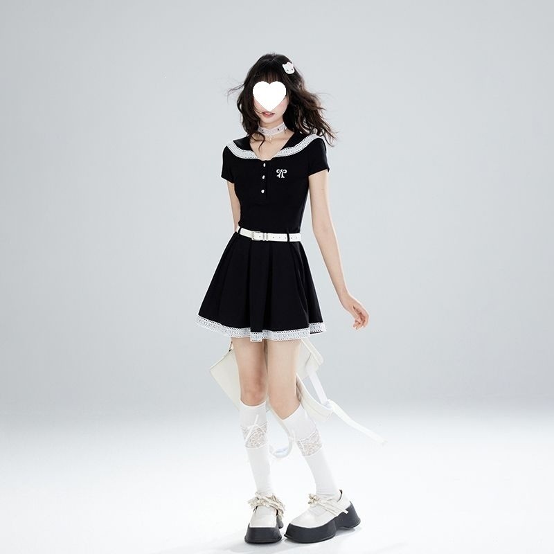 11SH97 Preppy สไตล์ถักชุดผู้หญิงฤดูร้อนหวานเย็นสาวร้อนเอวแคบ Slimmer ดูกองทัพเรือคอปก a-Line กระโปรง
