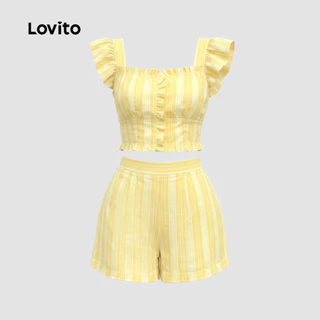 (New Arrival) Lovito เสื้อหรือกางเกงสไตล์หรูหรา ขอบระบายลูกไม้ สีเหลืองสดใส ชุดสูทฤดูร้อนสําหรับผู้หญิง เกาหลี อินเทรนด์ LK7AD248