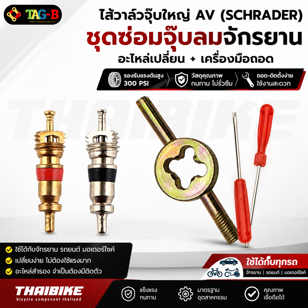 ไส้วาล์วจุ๊บใหญ่ AV (SCHRADER) แกนวาล์วลมจักรยาน พร้อมเครื่องมือถอดวาล์ว รองรับแรงดันสูง อะไหล่เปลี่ยนจุ๊บลมจักรยาน ร...