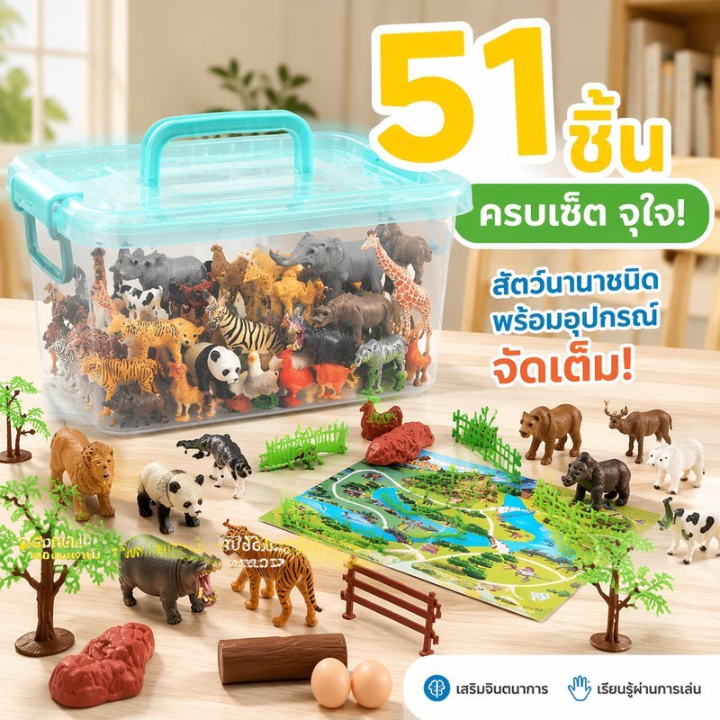 ชุดของเล่นสวนสัตว์จำลอง สัตว์จิ๋ว 51 ชิ้น โมเดลสัตว์ PVC พร้อมกล่องเก็บ ของเล่นเสริมพัฒนาการ