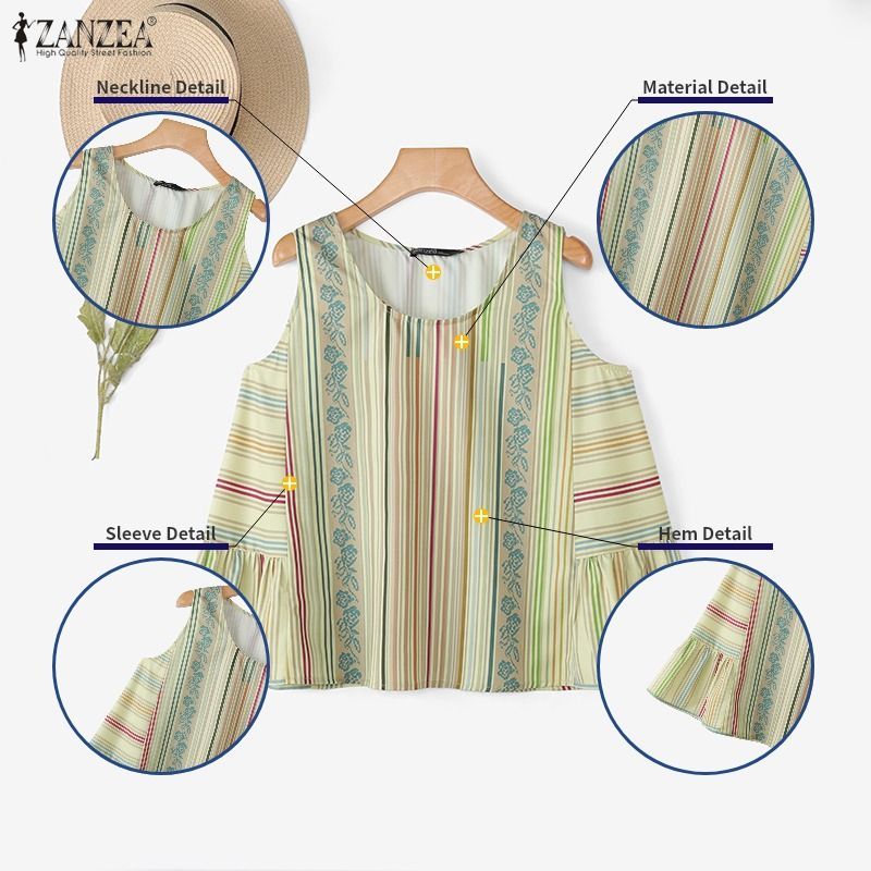 ZANZEA ผู้หญิงเกาหลีวันหยุดลําลองรอบคอแขนกุด Ruffles Pleats ลายพิมพ์ฤดูร้อน A-Line Tanks — صورة 7