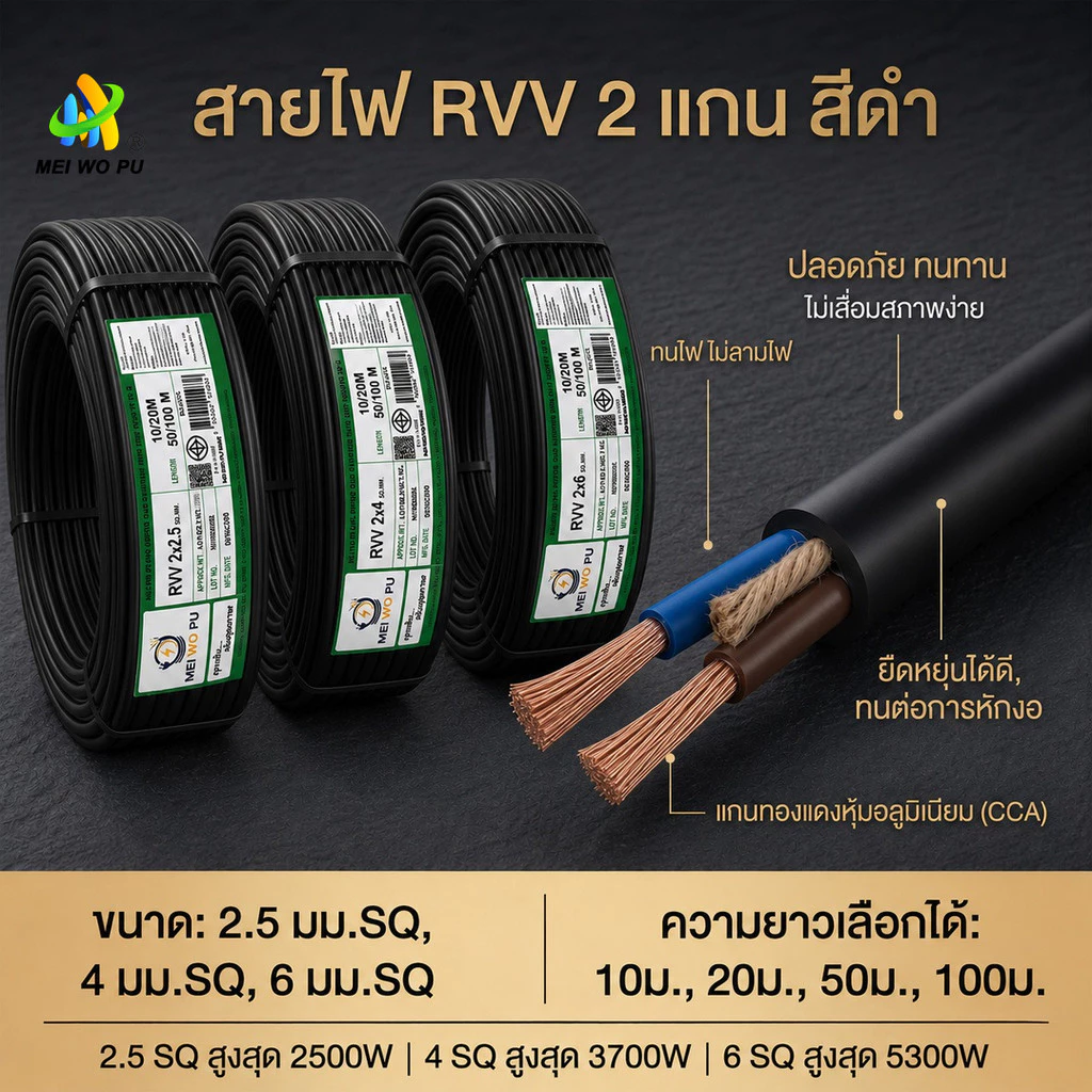 สายไฟกลมสีดำ RVV 2 แกน ขนาด 2.5/4/6 มม. SQ สำหรับงานกำลังสูงโดยเฉพาะ ทนความเย็นจัด