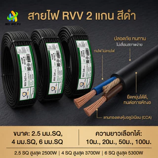สายไฟกลมสีดำ RVV 2 แกน ขนาด 2.5/4/6 มม. SQ สำหรับงานกำลังสูงโดยเฉพาะ ทนความเย็นจัด
