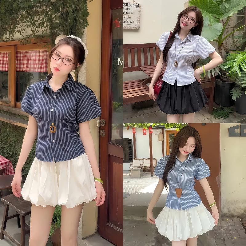 MIMI&DIDI[สินค้าพร้อมส่ง]เสื้อโปโลแขนสั้นลายทางสีดำสำหรับผู้หญิง ทรงเข้ารูป ดีไซน์เก๋ เหมาะสำหรับฤดูร้อน#w767