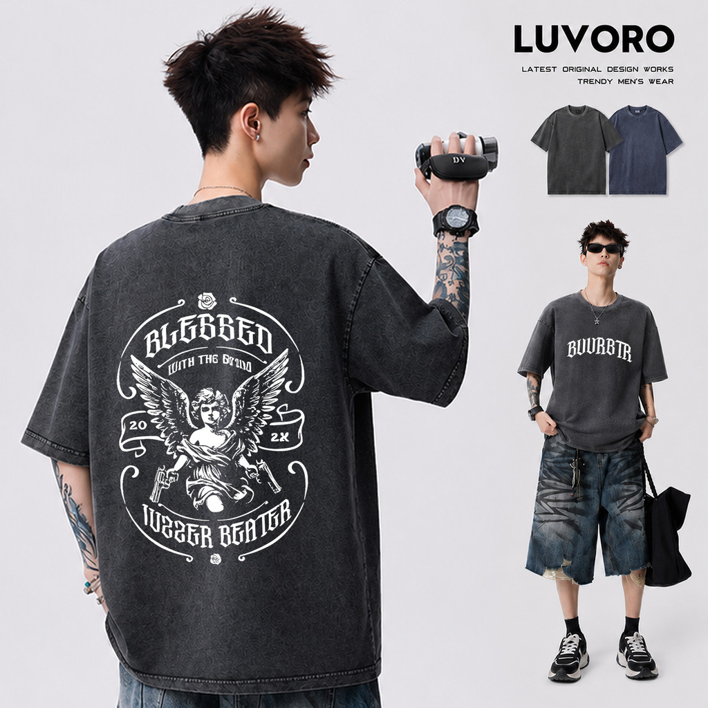 (COD) LUVORO T-Shirt ลาย เนื้อผ้านุ่มระบายอากาศดี ผู้ชายเสื้อยืด ฟอก วินเทจคอกลมแขนสั้น Oversize เสื้อยืดผ้าฟอก C2024 VT