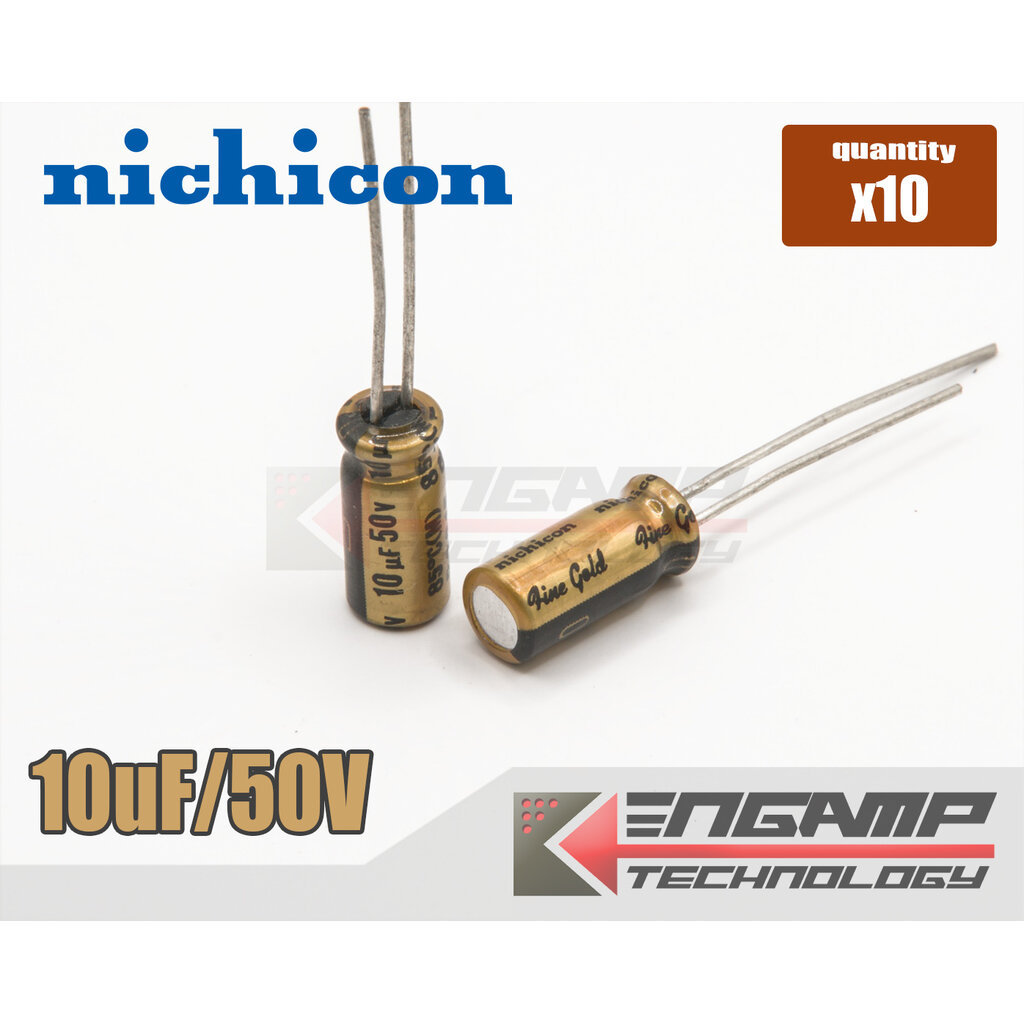 (มีตัวเลือก) [E-CAP] 10uF/50V 85ºC Nichicon Fine Gold ø5xH11mm P=2mm