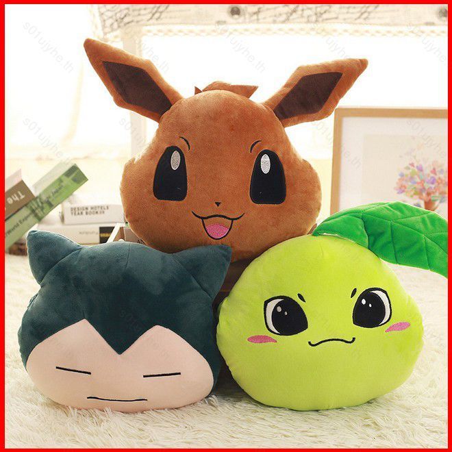 Pokemon หมอนเบาะ Pikachu Eevee Snorlax ของเล่นตุ๊กตานุ่ม Plushie ตุ๊กตามืออุ่น