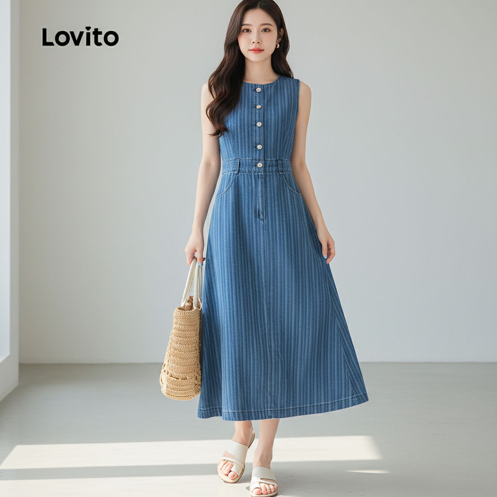 Lovito แคชชวล เดรสผู้หญิงสีฟ้าสําหรับฤดูใบไม้ผลิและฤดูร้อน ดีไซน์กระดุมสุดเก๋ LBL31090