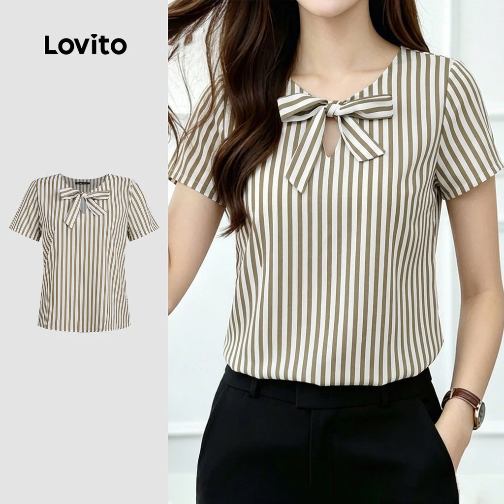 Lovito เสื้อเบลาส์ลําลอง ผูกโบว์ แบบเว้าช่วงอก สําหรับผู้หญิง LK6ED071