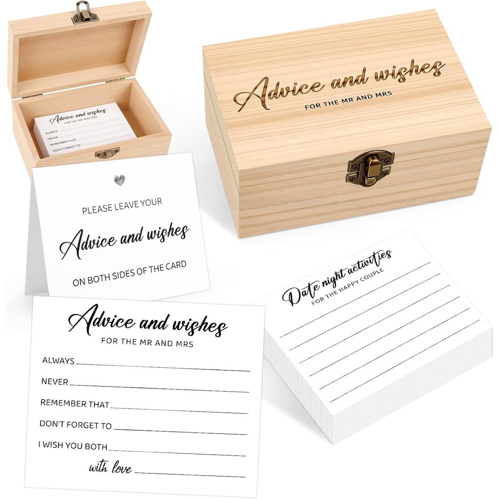 Advice และ Wishes สําหรับ Mr และ Mrs - 50 ชิ้น Minimalism งานแต่งงาน Advice การ์ดกล่องไม้, สีขาวเจ้า