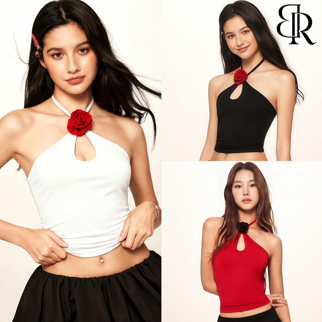 B&R พร้อมส่ง เสื้อกล้ามคามิเลีย คอเปิดรูแต่งดอกคามิเลีย ทรงสั้นเข้ารูป เปิดหลัง เซ็กซี่ อ่อนโยน