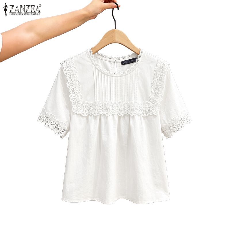 ZANZEA ผู้หญิงเกาหลีประณีต Chic รอบคอแขนสั้นลูกไม้ Patchwork Pleats ธรรมดาเสื้อ — صورة 6