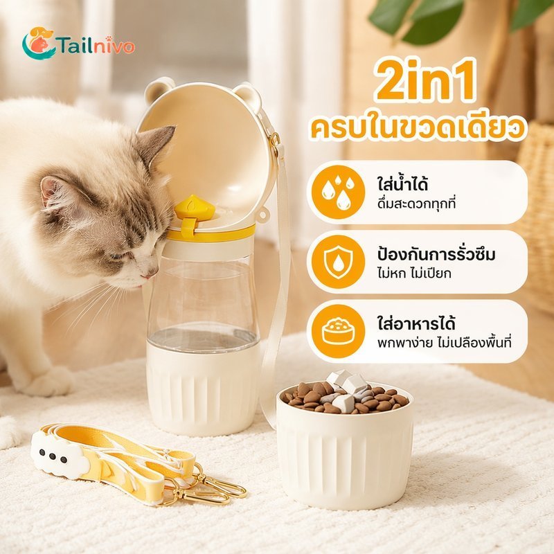 ขวดน้ําสุนัขแบบพกพา 2ใน1 ที่ให้น้ําสัตว์เลี้ยงช่องอาหารรั่วซึมเกรดอาหาร