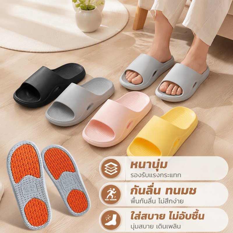 รองเท้าแตะกันลื่น ในบ้าน ห้องน้ำ พื้นหนา นุ่ม EVA นวดเท้า ระบายอากาศ ผู้หญิง ผู้ชาย