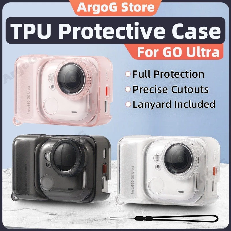 ArgoG Insta360 GO Ultra TPU เคสป้องกันพร้อมฝาครอบเลนส์และเชือกเส้นเล็กปกอ่อน Insta360 GO Ultra อุปกรณ์เสริม