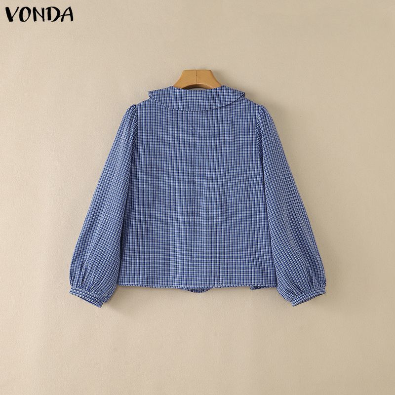 Vonda ผู้หญิงเกาหลีขนาดบวกอเนกประสงค์ลายสก๊อต Peter Pan Collar เสื้อเชิ้ตแขนยาวหลวม — صورة 8