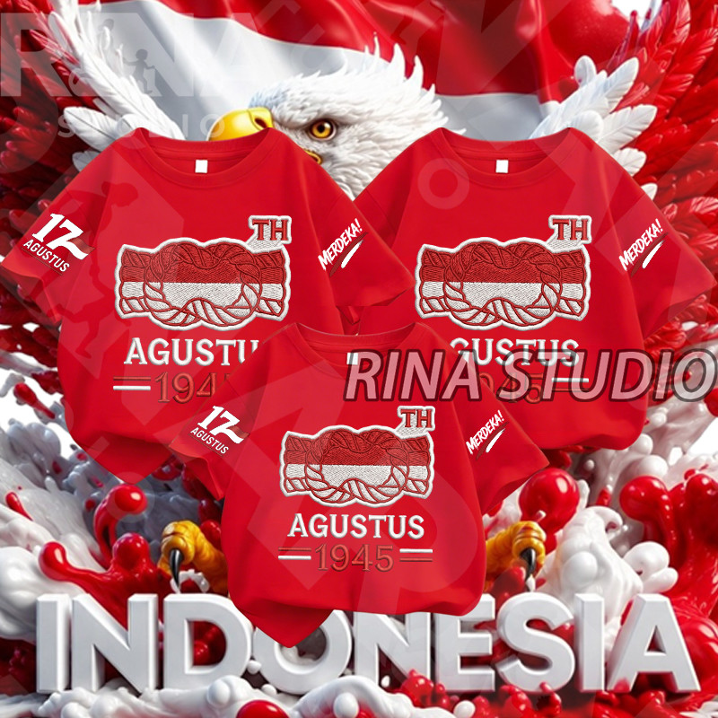 MERAH พร้อมส่งสต๊อก | RINA STUDIO เสื้อยืดสีแดงพร้อมโลโก้ AUGUST = 1945 & RINA STUDIO INDONESIA ที่ห