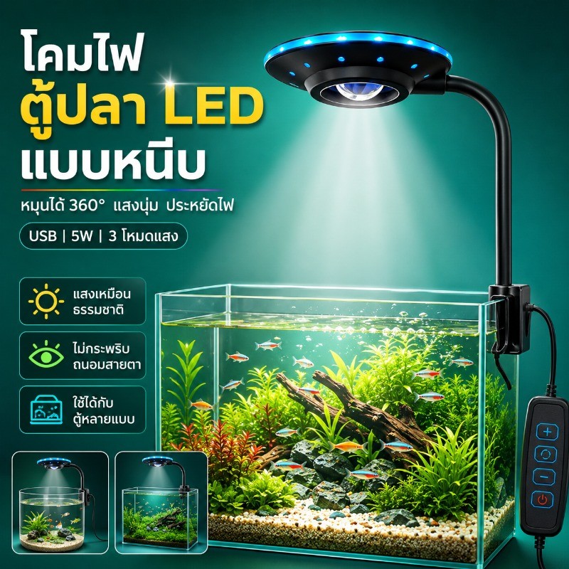 โคมไฟตู้ปลา LED แบบหนีบ USB 5W ปรับสว่าง 10 ระดับ 3 โหมด คออ่อนหมุน 360° สำหรับตู้ปลาและไม้น้ำ