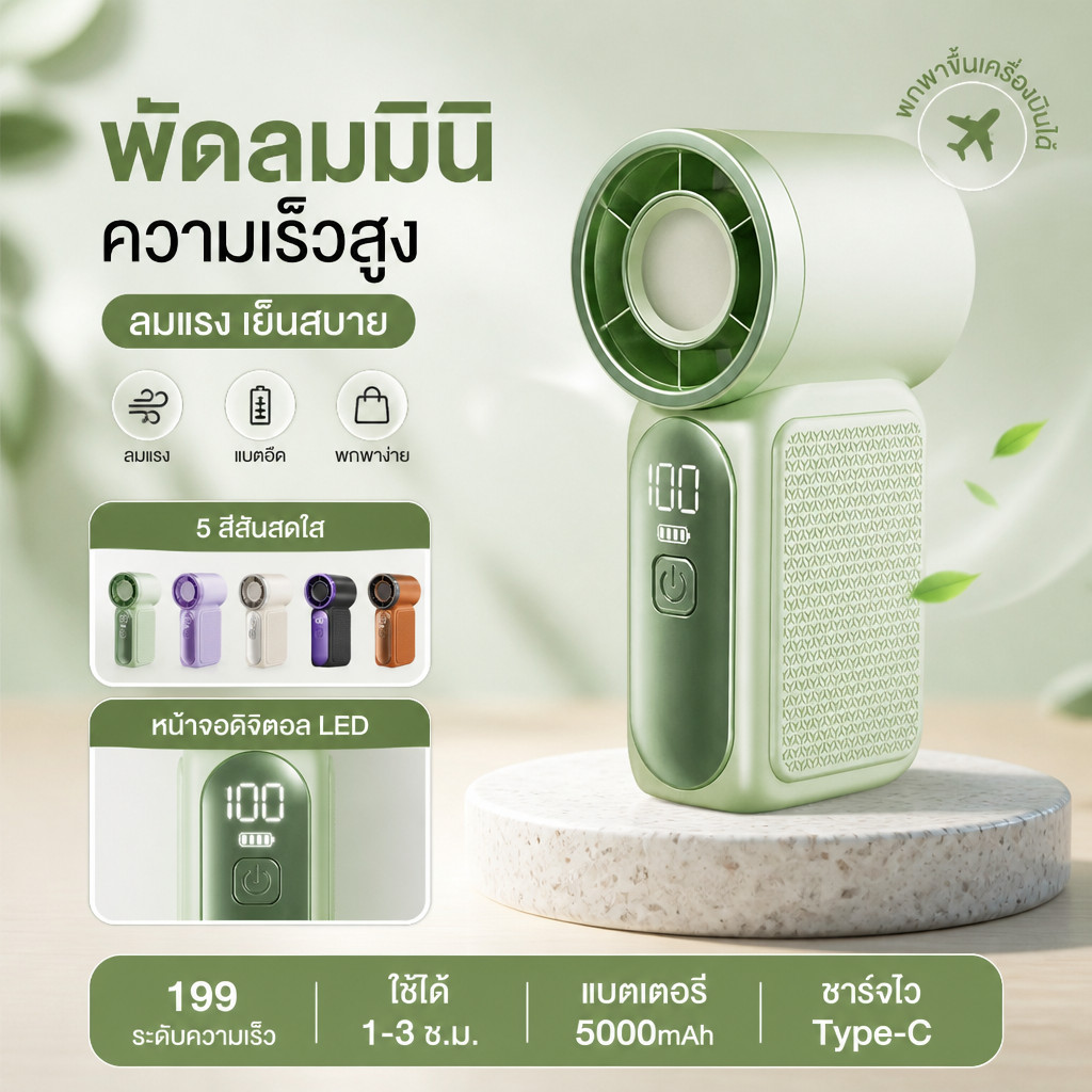 พัดลมจิ๋วพกพาแบบชาร์จไฟได้ มีหน้าจอแสดงผล LED ปรับความแรงลม 100 ระดับ ขนาดกะทัดรัด น้ำหนักเบา แบตอึด ชาร์จผ่าน Type-C
