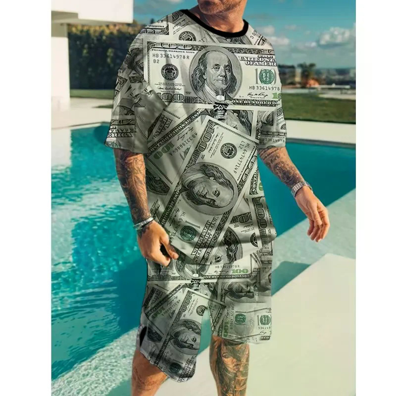 ชุดสูทผู้ชายใหม่ฤดูร้อน Dollar 3D พิมพ์เสื้อยืดแขนสั้นผู้ชายแฟชั่นกางเกงขาสั้นชุด Deportivo Hombre O