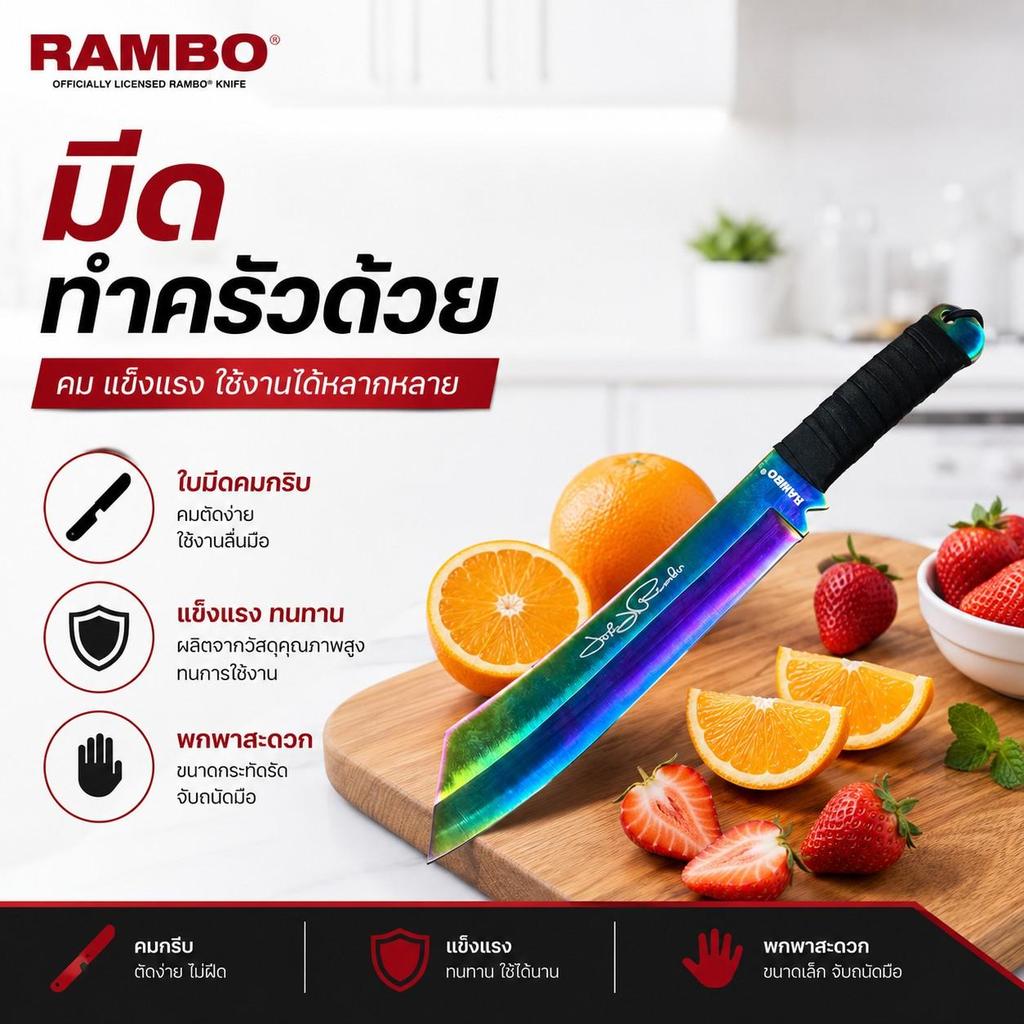 มีดหั่นผลไม้ มีดทำครัว มีดเดินป่า แรมโบ้4 สีรุ้ง พร้อมซอง