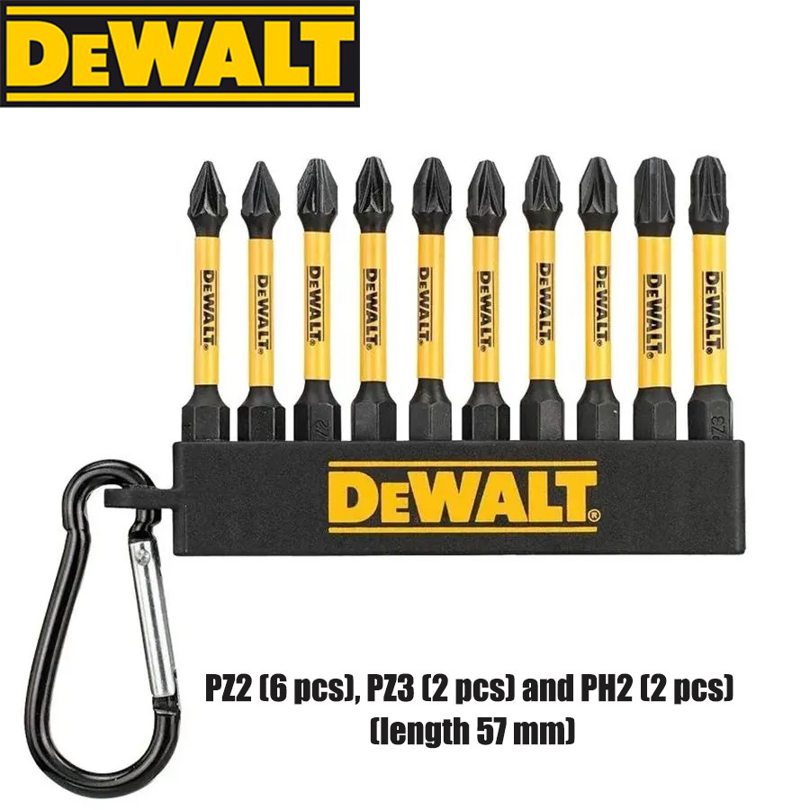 ไขควงกระแทก Bits 10 ชิ้น 57 มิลลิเมตร FLEXTORQ PH2/PZ2/PZ3 พร้อมพวงกุญแจ DEWALT DT7274